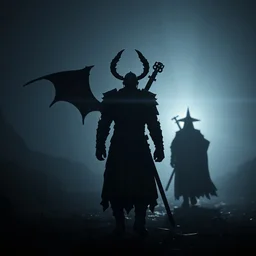 a demon!!!!! a knight!!!!! a samurai!!!!! and a wizard!!!!! walking away from the camera, depth of field, perspective, lens flare, from a distance, backlight, rays of shimmering light, tones of black, low contrast, unreal engine 5, concept art
