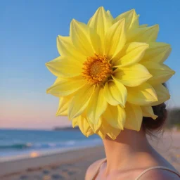 closeup girl with huge yellow dahlia flower face, at beach, surreal photography, blue sky, sunrise, dramatic light, impressionist painting, digital painting, artstation, simon stalenhag