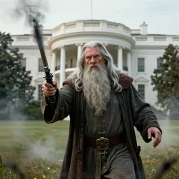 gandalf attacks the white house, high detail shot, smoking, render, cgsociety, photorealism