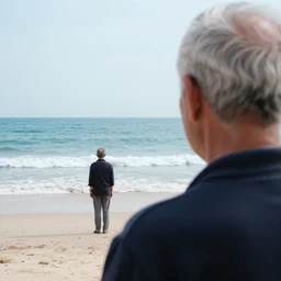 A man looking at the ocean. An over-the-shoulder point of view of an old man standing alone on the beach looking at the ocean..