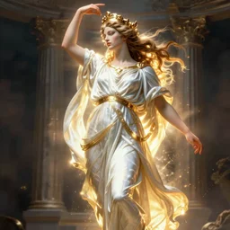 megumin dressed in robes of a greek goddess transcending into olympia glowing radiantly in the style of Michelangelo