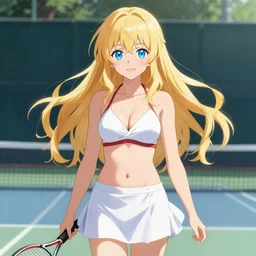 a very beautiful young anime tennis girl, full body, long wavy blond hair, sky blue eyes, ( ( ( full round face ) ) ), short smile, bikini, miniskirt, front view, mid - shot, highly detailed, cinematic wallpaper by stanley artgerm lau