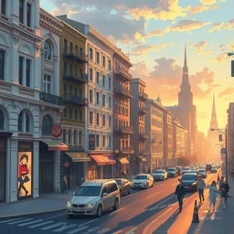 painting!! street view panorama of varvarka street ( russia moscow ) sailor moon anime background keyart visible soft colors golden hour