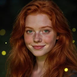 highly detailed sharp wallpaper portrait of a red haired girl softly smiling among fireflies, with long hair, green eyes, round face, hint of freckles, intricate details, dramatic light, golden ratio, hyper realistic digital art