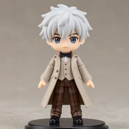 nendoroid aziraphale from good omens, good omens tv series, white curly short hair, beige suit, long coat, brown tartan pants, bow tie, michael sheen