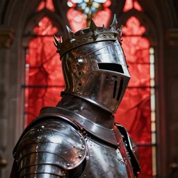 detailed side - view portrait of a knight, kaldor helmet, skull - shaped visor, spike crown, plate armor, gothic stained glass window, shiny red background, very masterful, backlit