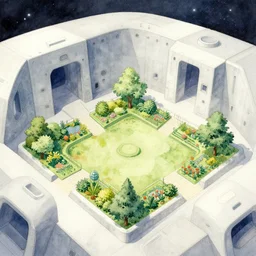 geometric garden in a space fortress. this watercolor painting by the award - winning concept artist has cinematic lighting, an interesting color scheme and intricate details.