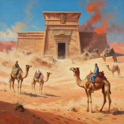 painting of guardians of the ancient camel temple, sandstorm, dabs dunes, camel god, barren sands, desolate, forgotten, by ArtGerm and Justin Cheung and Makoto Shinkai, insanely detailed and intricate, ornate, elegant, award winning, vermillion and cyan