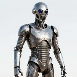 a metallic man with emissive round ocular eyes and a radiator like mouth, with corrugated limbs and plated armoring across their entire body