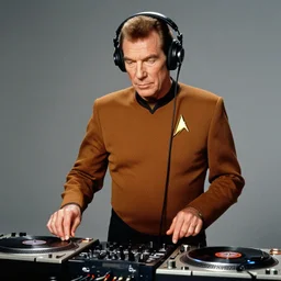 captain kirk william shatner wearing headphones DJing with DJ turntables, photoreal