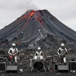 hd photo wide shot of a metal band playing in front of an icelandic volcano as it slowly erupts and pools behind them, bassist has a blue guitar, perfect lighting, text saying Halveksia is on an amp