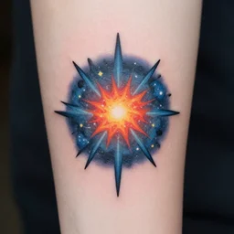 an amazing stick and poke tattoo of a super nova, colorful