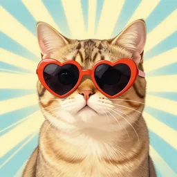 by tadanori yokoo. a cat wearing heart shaped sunglasses. a 1 9 8 0 s retro illustration. detailed, sunburst