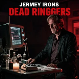 a scene from the movie dead ringers with jeremy irons, dark cinematic lighting, heavy black and red color contrast, medical equipment, movie directed by wes craven