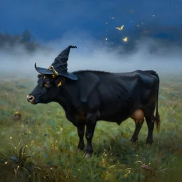 a detailed matte landscape painting of a cow standing in a grassy field wearing a witch hat, cow wearing hat!!!! viewed in profile, fog and flying glowing moths in the background, ultrawide lens, aerial photography, black and blue color scheme with gold highlights, in the style of discworld and harry potter, 8 k