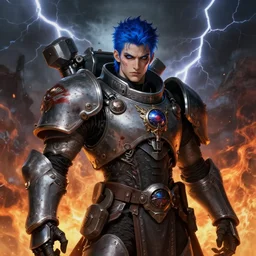 portrait of beautiful gothic and futuristic young man, warhammer, cyber armor, a lot of scars, thunderstorm and fire, blue head, the middle ages, highly detailed, artstation, illustration, more and more composision, 8 k quality, art by jean delville, max ernst
