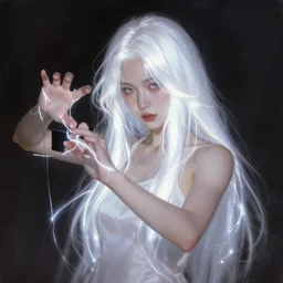 girl with silk glowing white hair with glowing white stings coming out of her hands, she poses as a puppeteer with her hands infront of her concept art trending on artstation oilpaint portrait