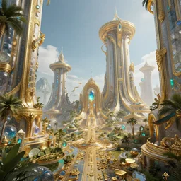 by johan grenier and jedd chevrier, visually stunning, cinematic, ultra realistic, hyper realism, 1 2 k, epic, octane render, unreal engine, vfx, maya, lush utopian galactic civilization, highly detailed temples made of gemstones and gold, gold relics