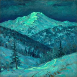 caucaus mountains, winter, night, luminous, teal palette, arkhip kuindzhi, glaze oil painting, christian mysticism