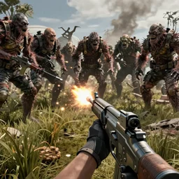 an fps game about shooting at monster horde realistic graphic firstperson shooter game, realistic, ultra setting, highly detailed, fps game, game of the year, raytracing on, rtx 3 0 9 0 ti, gta v, death stranding game