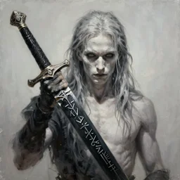 fantasy painting of a pale man with a black blade covered in runes, painted by Michael Whalen, ultra detailed, 8k