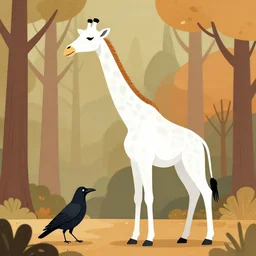 a still frame illustration of a an elegant, a white giraffe and a crow. in an autumn forest by quint buchholz, cheng hsiao - ron, wes anderson, fujita goro, edward hopper, rene magritte, simon stalenhag, fine details, ornate, simon stalenhag