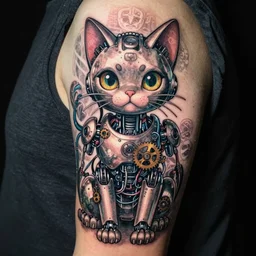 Anime manga robot!! cat tattoo, cyborg cat, exposed wires and gears, fully robotic!! cat, manga!! in the style of Junji Ito, Hayao Miyazaki and Naoko Takeuchi, cute!! chibi!!! cat, tattoo on upper arm, arm tattoo