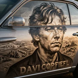 Giant head of david copperfield engraved on a car body