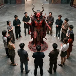 people stand around a circle to summon a demon