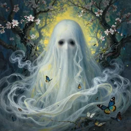 a beautiful terrifying ghost portrait black eyes smoke twisted trees cherry blossom, floating cloth whirlpool, butterfly hard lighting ethereal horror fantasy art blue, yellow green, white hues by karol bak raymond swanland, gaston bussiere craig mullins alphonse mucha basil gogos, monet, ruan jia, by wlop, moebius syd mead roger dean yoshitaka amano