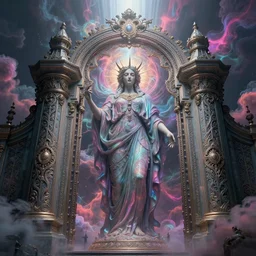 [ palate ] [ nebulous energy ] [ muted neon colors ] intricate giant victorian style gateway to purgatory, paisley synapse cloud pattern, god at the gate, vibrant neon nebulous clouds, symmetrical details, hyper realistic illustration, radiant light rays, photorealistic illustration, intricate and fine details, volumetric lighting, artstation