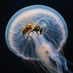 a award winning photo of a wasp trapped inside a jellyfish, by national geografic, photorealism
