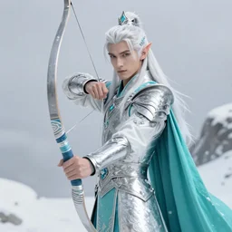 an epic concept art of a handsome androgynous male snow elf in a turquoise cape and silver armour, hands stringing a bow, albino skin, winter vibes, elegant, very coherent symmetrical artwork, by tomasz alen kopera and alphonse mucha and charlie bowater, photorealistic, sharp focus, octane render, rtx, hdr, unreal 5, trending on artstation
