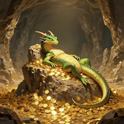 dragoness lizard dragon lounges on a hoard mountain of gold coins in a massive cave wide shot # anime # rendered # raycasting # vfx # photorealism cartoon illustration artwork detailed fantasy artstation epic game art