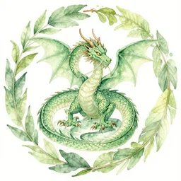 green dragon watercolor painting in the center of a circular frame of leaves, art by walter crane and arthur rackham, illustration style, watercolor