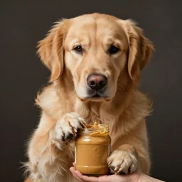 a golden retriever with human hands instead of paws, opening a jar of peanut butter