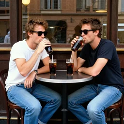 2 hip guys wearing sunglasses, blue jeans and t - shirts, sitting around a round table in a bar drinking coke, by toulouse lautrec