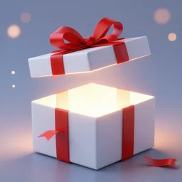 open gift white box with glow inside, red undone ribbon, down-up lateral view, interior hidden, highly detailed digital art, concept art, bokeh, photorealistic trending on artstation,