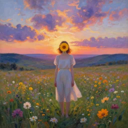 girl with a flower face, surreal, bizzare, dreamlike, standing in flower field, in a valley, sunrise dramatic light, impressionist painting, colorful clouds, artstation, simon stalenhag