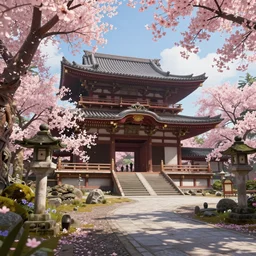 a Japanese Shinto Temple in the midst of a stunning Sakura Garden, in the style of Sekiro Shadows Die Twice, artful, rendered in CryEngine, Japanese aesthetic