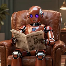 futuristic studious matte brown and red and chrome full-body humanoid robot with two huge round expressive sad purple glowing LED eyes and open rectangular mouth sitting on a large comfortable cushioned 1950s vintage recliner reading a newspaper. open newspaper. Cinematic Movie Photograph, Arri Alexa, Extremely Detailed, smooth, very very clean, 8K, octane render, maya render, unreal engine, trending on artstation, DSLR, excellent composition, center frame
