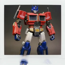 a transformers g 1 1 9 8 9 action figure. mint condition. close up on one toy in focus. polaroid - h 6 4 0