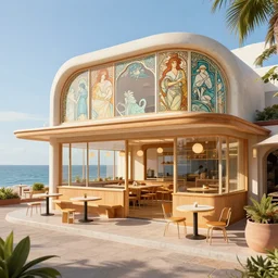 beautiful modern burger restaurant in front of sea with high detail, architecture, 8 k, stunning detail, works by artgerm, greg rutkowski and alphonse mucha, unreal engine 5, 4 k, 8 k, uhd