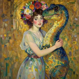 a romance novel cover oil painting of a beautiful woman being embraced by a velociraptor, painted by mucha, floral headdress, 8 k resolution, octane render, trending on artstation, volumetric light