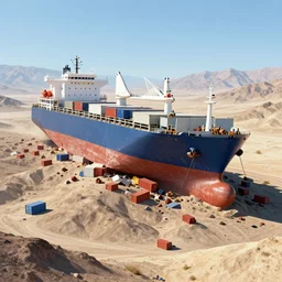 absolutely gigantic cargo ship run aground on top of death valley mountains, shipping containers spiller everywhere around it. birds for scale. jasmin habezai - fekri, anton fadeev, tony zhou shuo, greg rutkowski, unreal engine 5