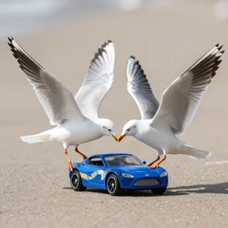 seagulls fighting over a hotwheels car