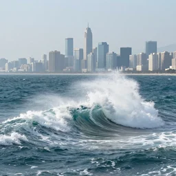 a city floating on the ocean, crashing waves, far view, 3 5 mm dslr photograph, photorealistic, 4 k, rendered in octane