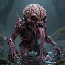 a creepy monster blob, veiny, strings of saliva, slimy tongue, skin texture like a brain,  standing in shallow water, horror art, intricate, extremely detailed, very realistic, trending on artstation, deviantart