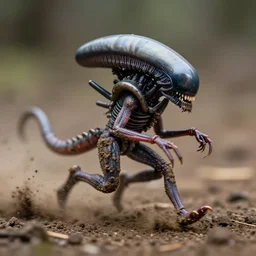 action photography, long shot, award winning macro photo of a tiny ultra detailed muddy xenomorph running very fast on mud, dirt and dust, fast shutter speed, motion blur, tiny gaussian blur, highly detailed, highly intricate, depth of field, national geographic