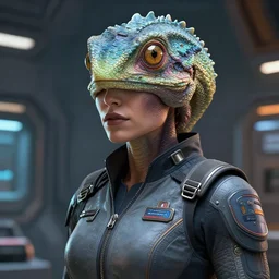 epic professional digital art of stunningly gorgeous female starship mechanic, reptilian skin, reptile scales on face, by leesha hannigan, iris van herpen, artstation, cgsociety, wlop, epic, much wow, much detail, gorgeous, detailed, masterpiece